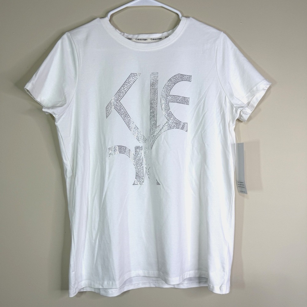 Calvin Klein Women's Top Sz M Soft White Silver Crystal Logo Crewneck TShirt NWT